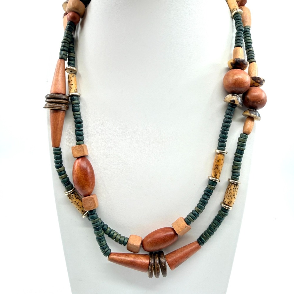 Vintage Retro Multi Strand Wood Bead Statement Necklace Earthy Boho Layered